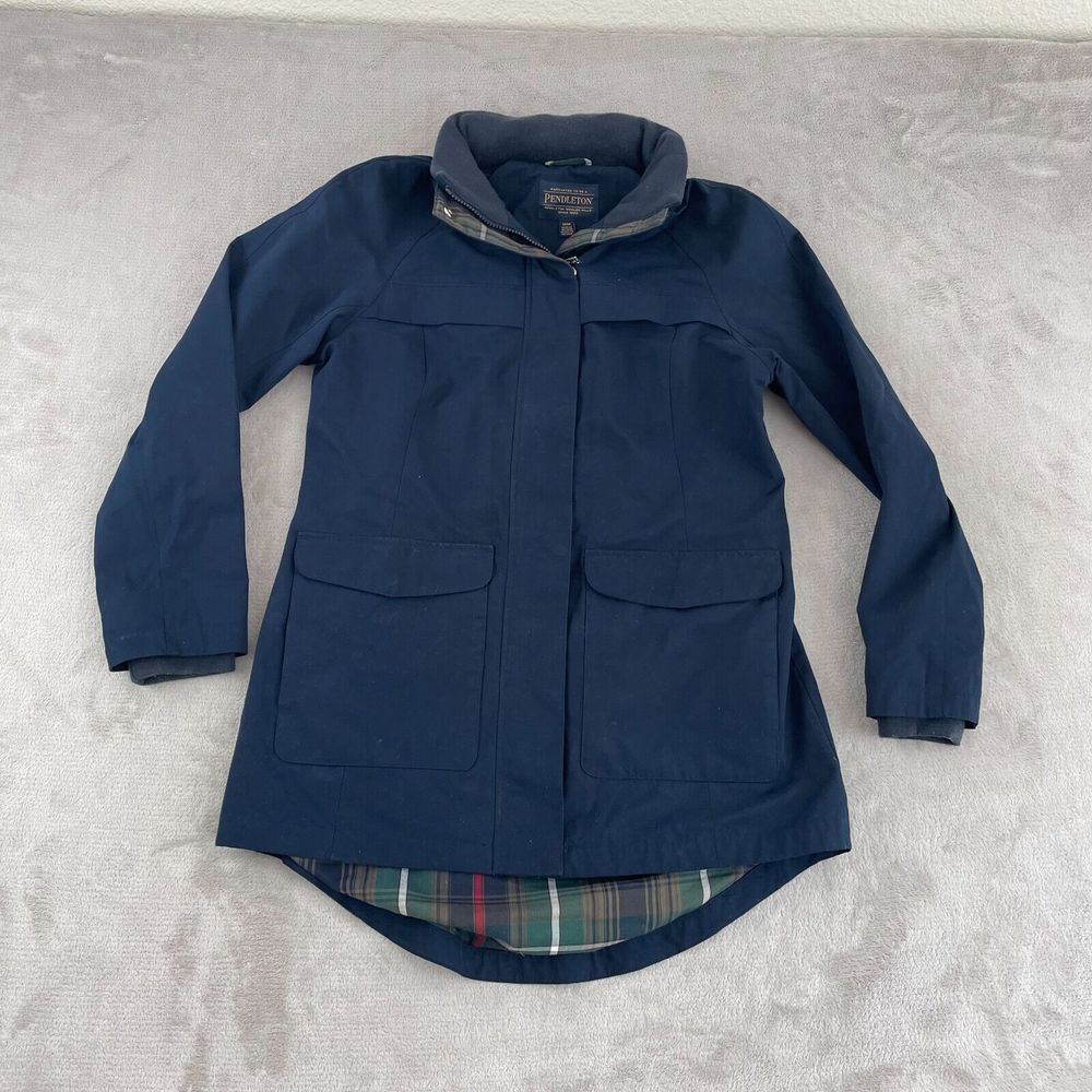 Pendleton Rain Jacket Coat Women Medium Navy Blue Full Zip‎ Hooded Waterproof